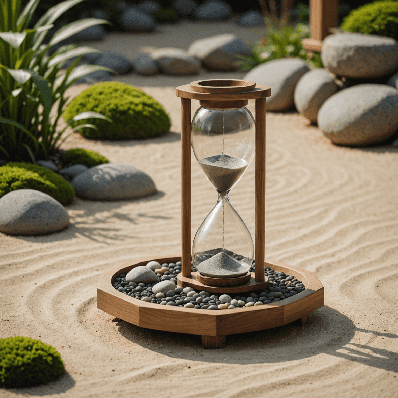 An hourglass sitting in a minimalist Zen garden, symbolizing the passage of time and cultivation of patience