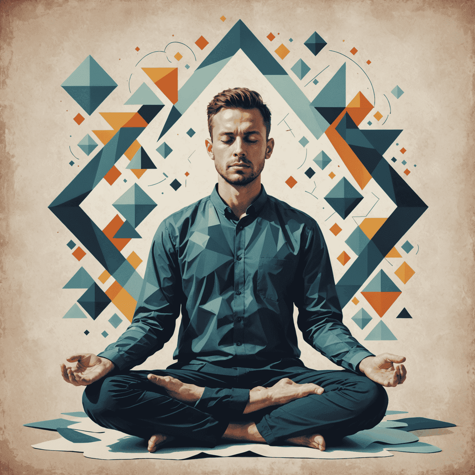 A person sitting in a peaceful meditation pose, surrounded by abstract geometric shapes representing thoughts and distractions fading away. The image conveys a sense of inner calm and focus.