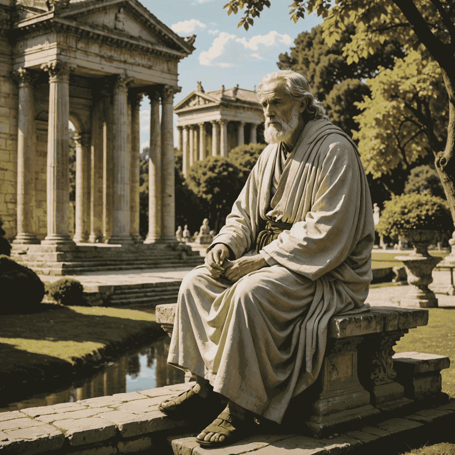 An ancient philosopher in robes, sitting on a stone bench, deep in thought against a backdrop of classical architecture and nature, symbolizing the timeless nature of philosophical wisdom