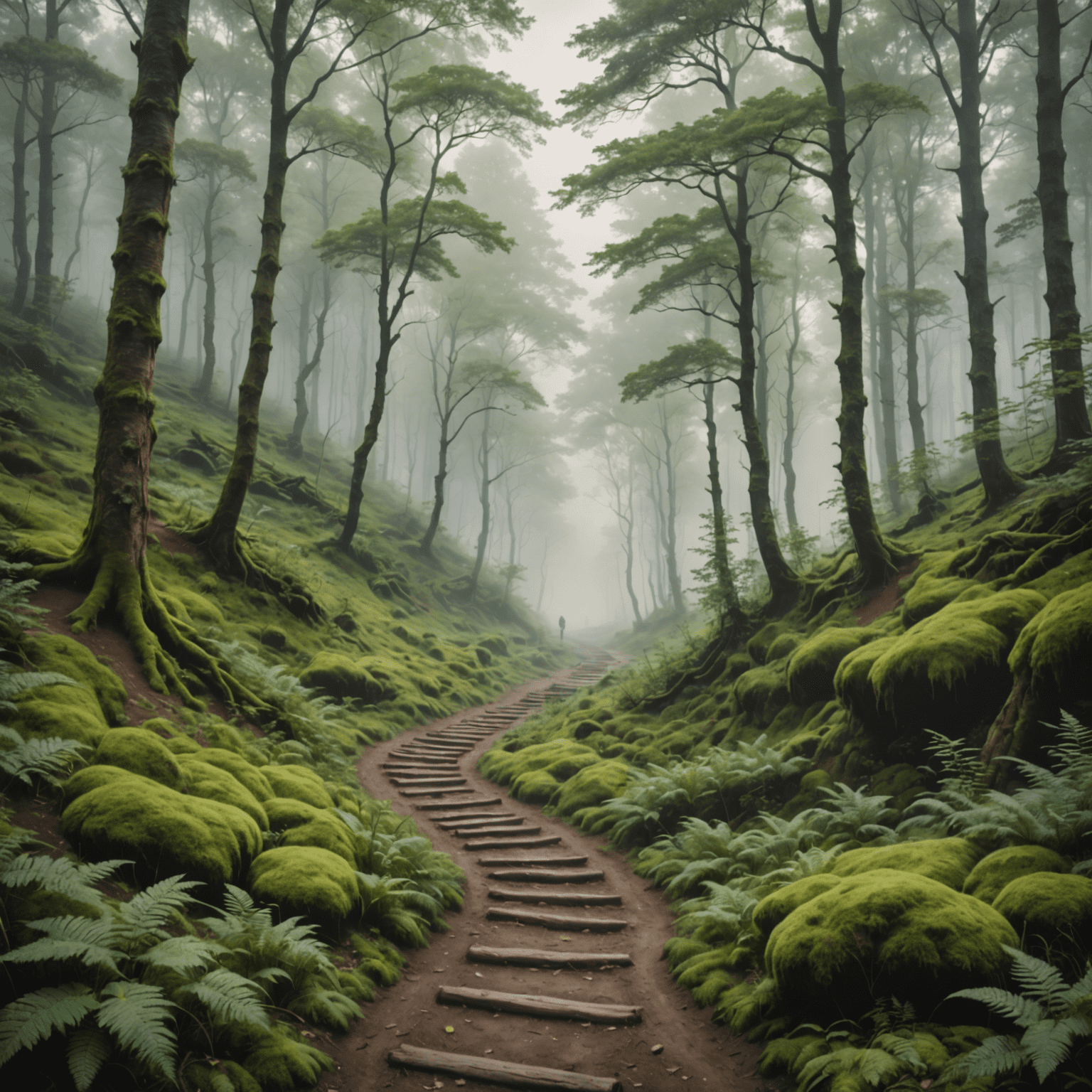 A serene landscape with a winding path leading through a misty forest, symbolizing the journey of patience and progress