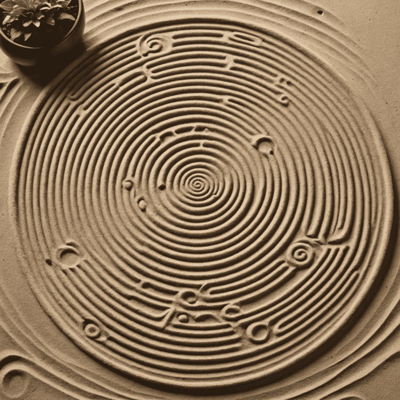 A serene zen garden with concentric circles in sand, representing mindfulness and the ripple effect of awareness in daily life