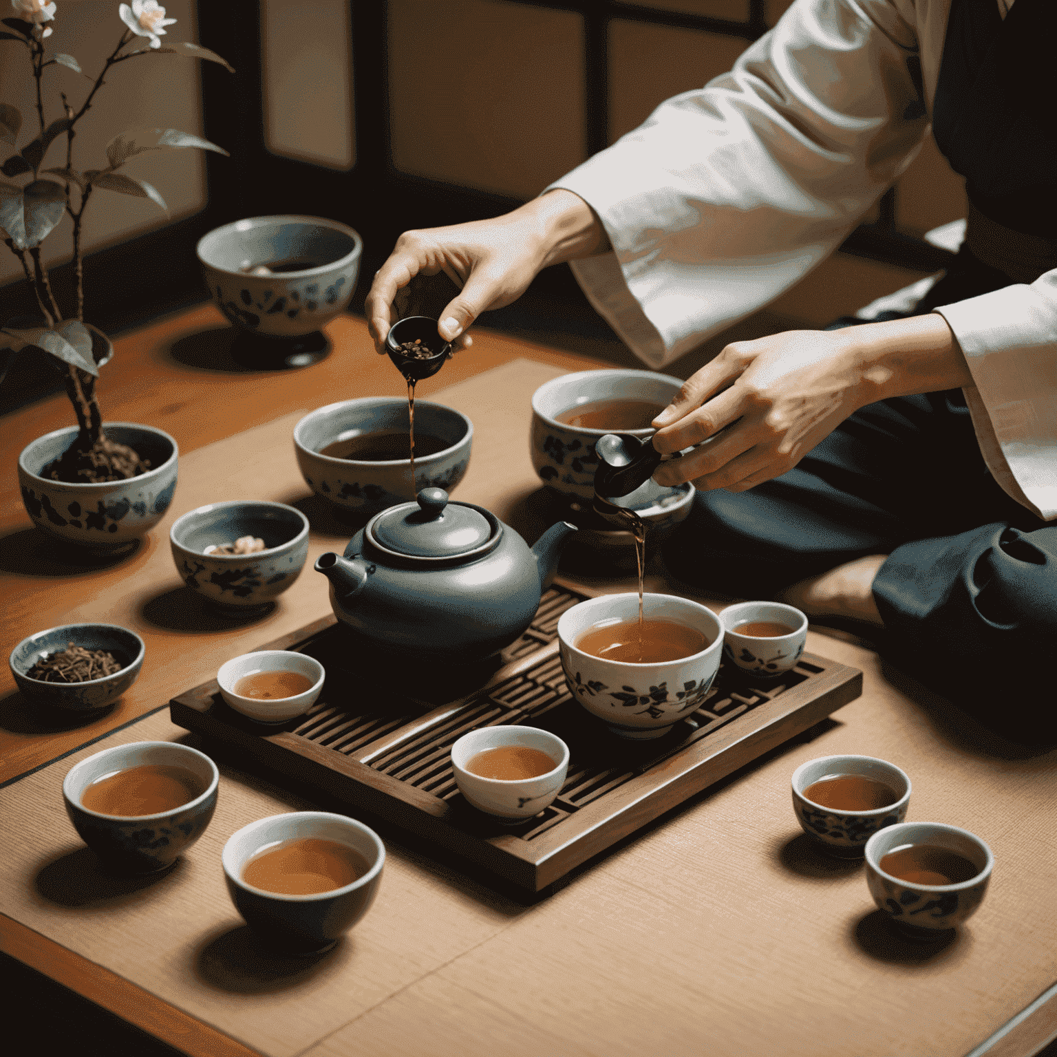 A serene tea ceremony setup with hands carefully pouring tea, representing mindfulness in everyday actions