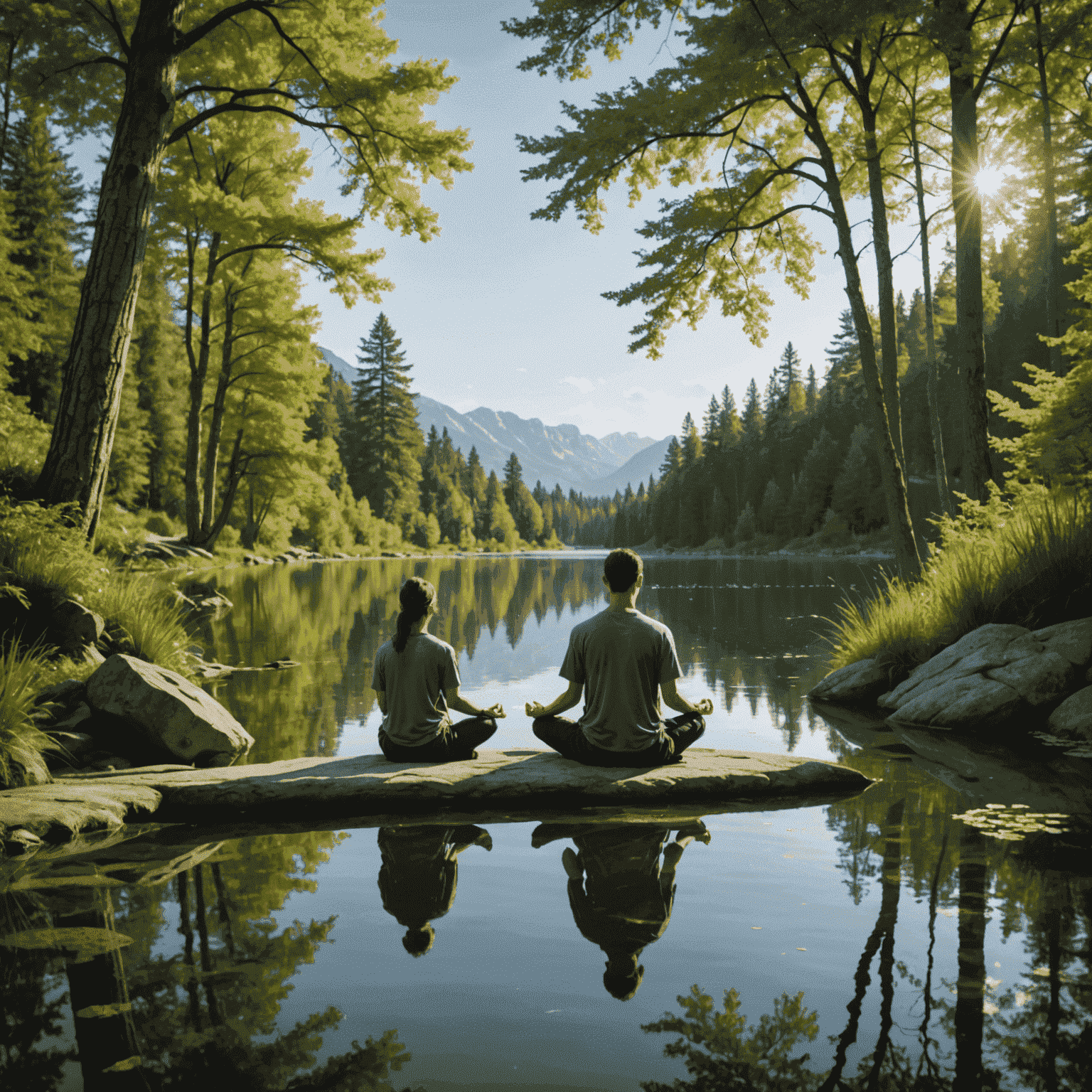 Serene image of a person meditating in a natural setting, surrounded by trees and a calm lake, representing inner peace and patience