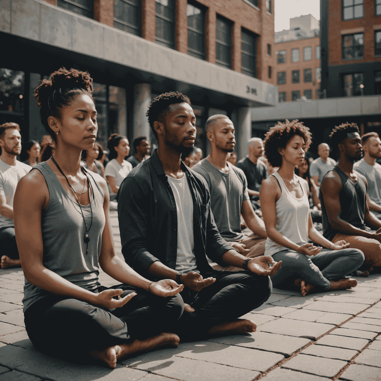 A diverse group of people meditating in a modern urban setting, surrounded by technology but finding inner peace, illustrating the integration of ancient practices in contemporary life