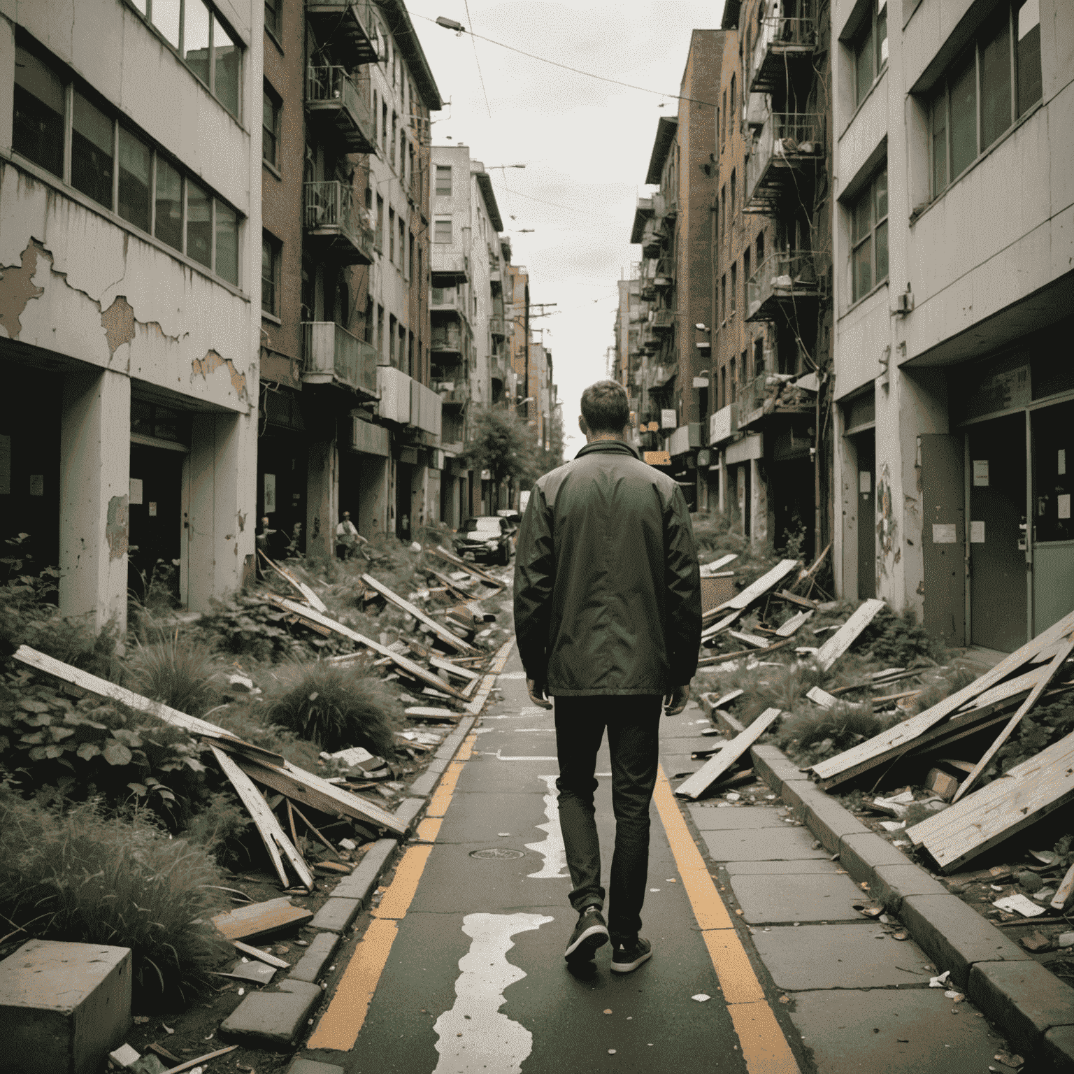 A split image showing a frantic, chaotic urban scene on one side and a calm, meditative figure in nature on the other, representing the contrast between rushing and patient progress