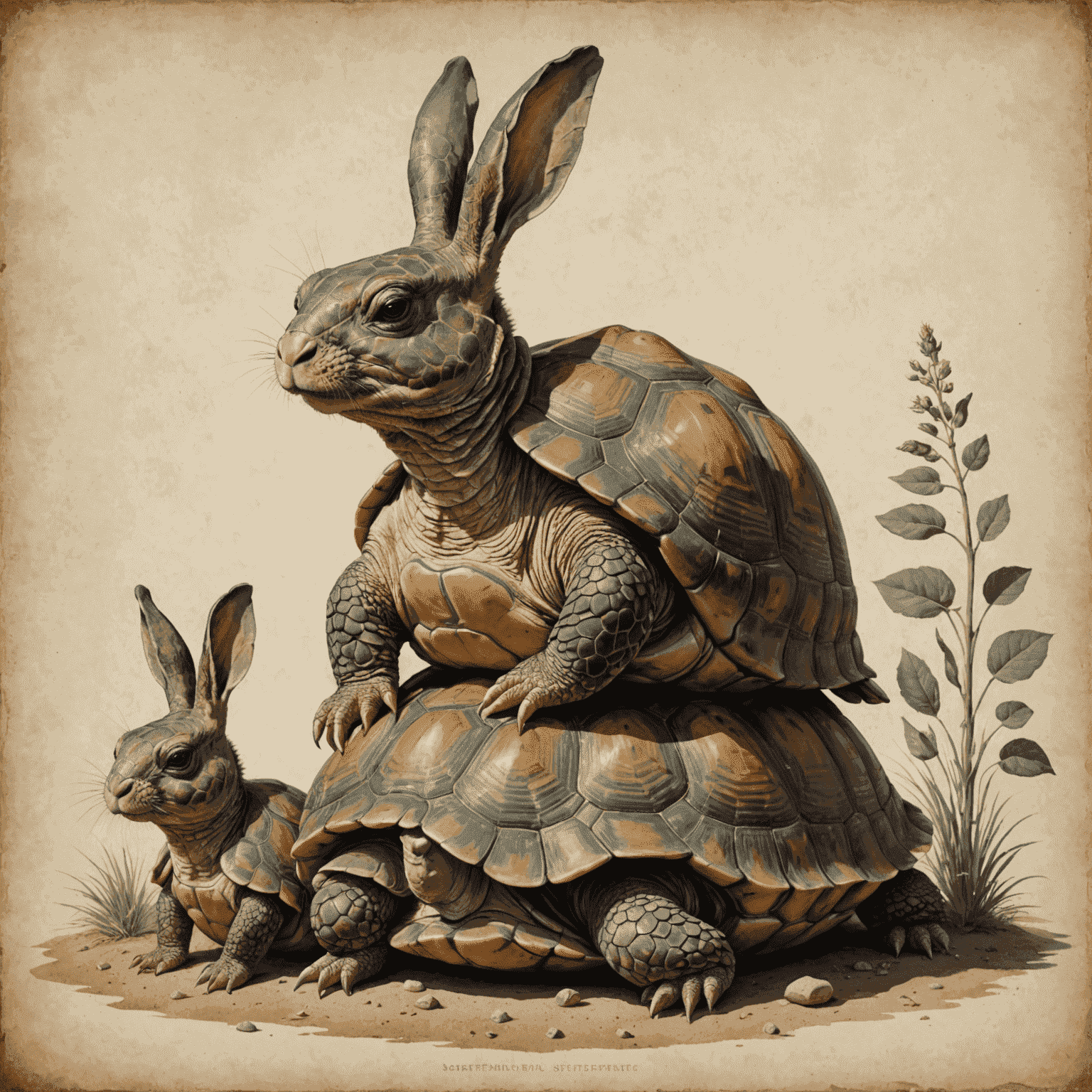 A surrealist image of a tortoise and hare in meditation poses, representing the paradox of patience and progress